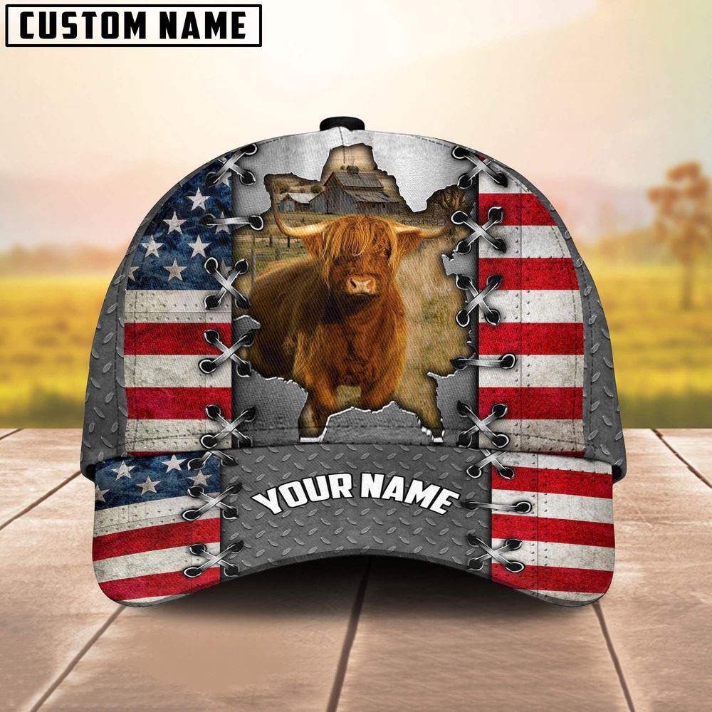 Adeenyc Highland Customized Name US Flag Cap, Farm Cap, Farmer Baseball Cap, Cow Cap, Cow Gift, Farm Animal Hat Trucker Hats Custom Hats Gifts For Men & Women