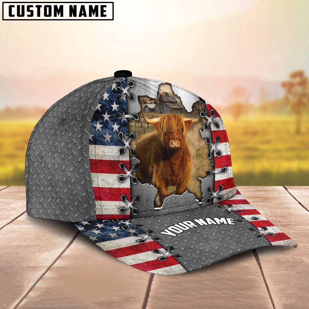 Adeenyc Highland Customized Name US Flag Cap, Farm Cap, Farmer Baseball Cap, Cow Cap, Cow Gift, Farm Animal Hat Trucker Hats Custom Hats Gifts For Men & Women