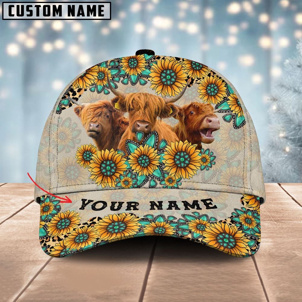 Adeenyc Highland Happiness Sun Flowers Pattern Customized 3D Cap, Farm Cap, Farmer Baseball Cap, Cow Cap, Cow Gift, Farm Animal Hat Trucker Hats Custom Hats Gifts For Men & Women