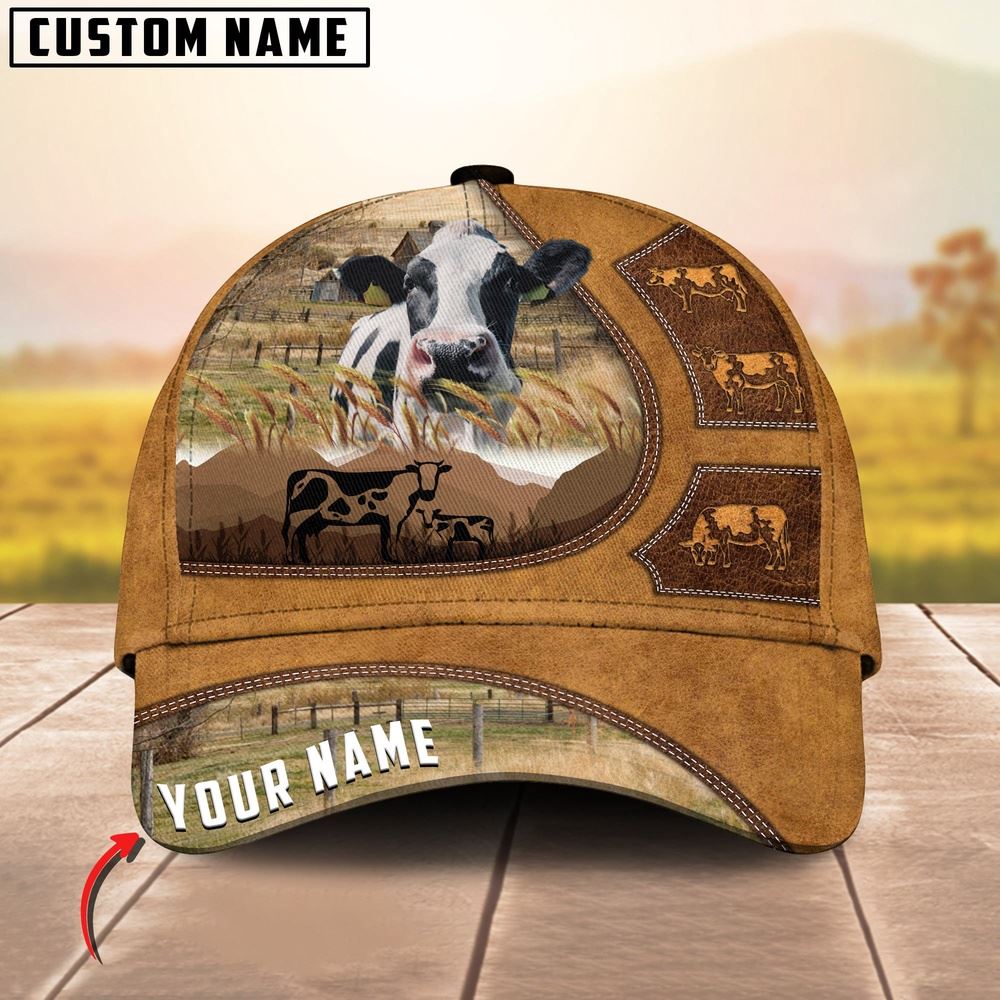 Adeenyc Holstein Art On Farm Yellow Leather Pattern Customized 3D Cap, Farm Cap, Farmer Baseball Cap, Cow Cap, Cow Gift, Farm Animal Hat Trucker Hats Custom Hats Gifts For Men & Women
