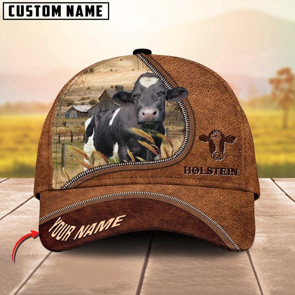 Adeenyc Holstein Cattle Brown Leather Zip Pattern Customized Name Cap, Farm Cap, Farmer Baseball Cap, Cow Cap, Cow Gift, Farm Animal Hat Trucker Hats Custom Hats Gifts For Men & Women