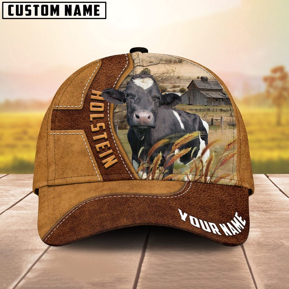 Adeenyc Holstein Cattle Customized Name Brown Leather Pattern Cap, Farm Cap, Farmer Baseball Cap, Cow Cap, Cow Gift, Farm Animal Hat Trucker Hats Custom Hats Gifts For Men & Women