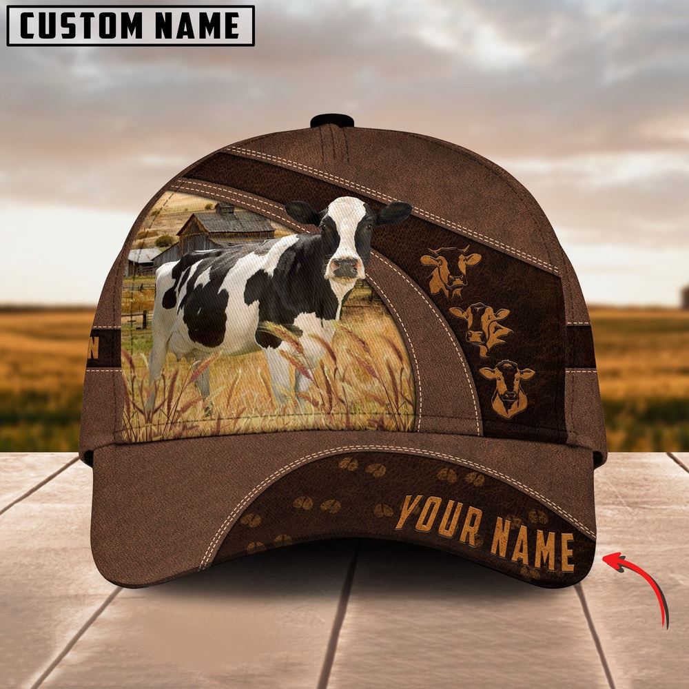 Adeenyc Holstein Cattle Leather Pattern Customized Name Cap, Farm Cap, Farmer Baseball Cap, Cow Cap, Cow Gift, Farm Animal Hat Trucker Hats Custom Hats Gifts For Men & Women