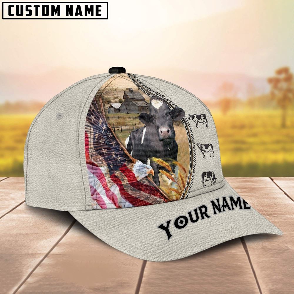Adeenyc Holstein Eagle US Flag Leather Pattern Customized 3D Cap, Farm Cap, Farmer Baseball Cap, Cow Cap, Cow Gift, Farm Animal Hat Trucker Hats Custom Hats Gifts For Men & Women