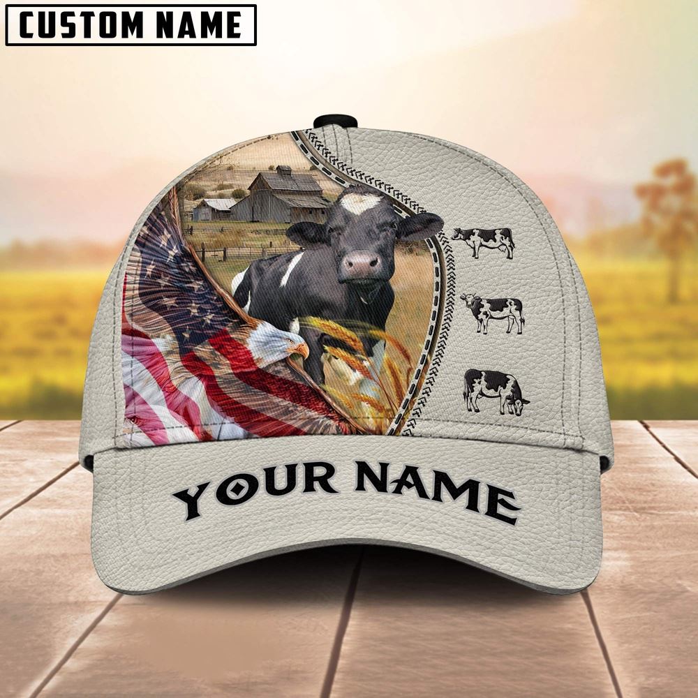 Adeenyc Holstein Eagle US Flag Leather Pattern Customized 3D Cap, Farm Cap, Farmer Baseball Cap, Cow Cap, Cow Gift, Farm Animal Hat Trucker Hats Custom Hats Gifts For Men & Women
