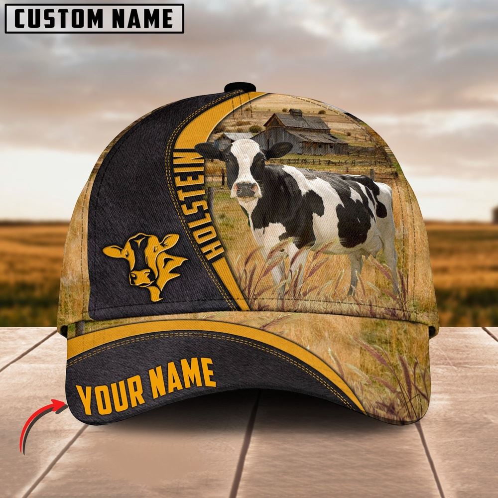 Adeenyc Holstein On Farm Black Yellow Leather Pattern Customized 3D Cap, Farm Cap, Farmer Baseball Cap, Cow Cap, Cow Gift, Farm Animal Hat Trucker Hats Custom Hats Gifts For Men & Women