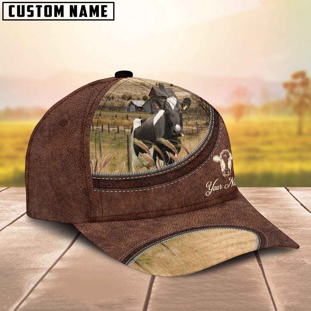 Adeenyc Holstein On The Farm Customized Name Leather Pattern Cap, Farm Cap, Farmer Baseball Cap, Cow Cap, Cow Gift, Farm Animal Hat Trucker Hats Custom Hats Gifts For Men & Women
