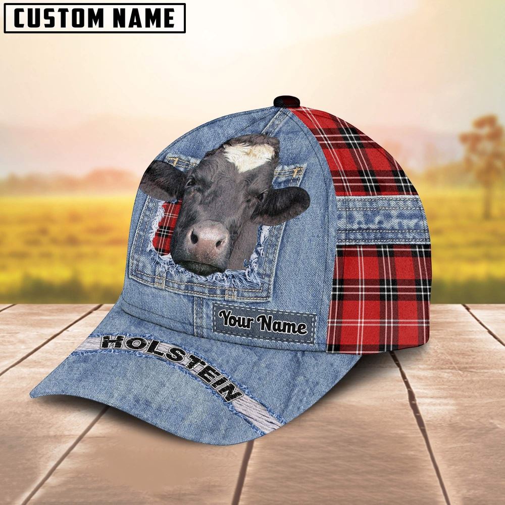 Adeenyc Holstein Overall Jeans Pattern And Red Caro Pattern Customized Name Cap, Farm Cap, Farmer Baseball Cap, Cow Cap, Cow Gift, Farm Animal Hat Trucker Hats Custom Hats Gifts For Men & Women