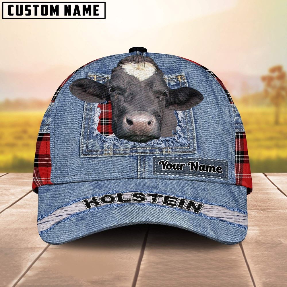 Adeenyc Holstein Overall Jeans Pattern And Red Caro Pattern Customized Name Cap, Farm Cap, Farmer Baseball Cap, Cow Cap, Cow Gift, Farm Animal Hat Trucker Hats Custom Hats Gifts For Men & Women