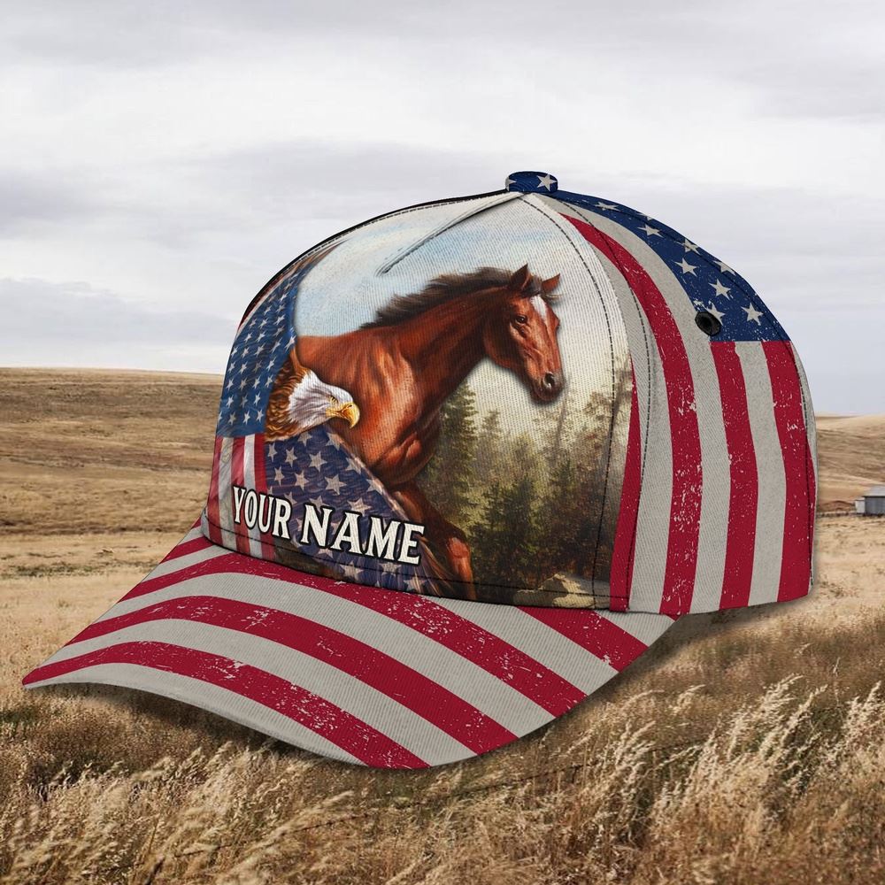 Adeenyc Horse And Eagle American Flag Customized Name Cap, Farm Cap, Farmer Baseball Cap, Cow Cap, Cow Gift, Farm Animal Hat Trucker Hats Custom Hats Gifts For Men & Women
