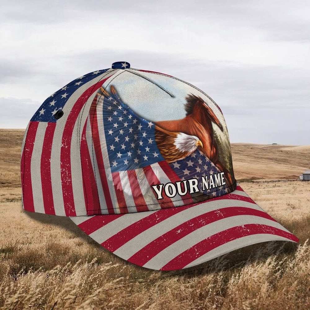 Adeenyc Horse And Eagle American Flag Customized Name Cap, Farm Cap, Farmer Baseball Cap, Cow Cap, Cow Gift, Farm Animal Hat Trucker Hats Custom Hats Gifts For Men & Women