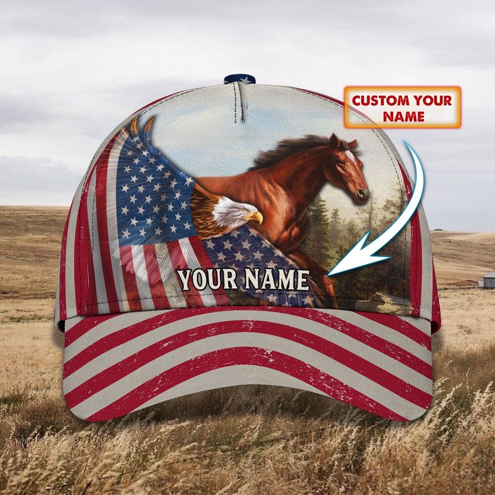 Adeenyc Horse And Eagle American Flag Customized Name Cap, Farm Cap, Farmer Baseball Cap, Cow Cap, Cow Gift, Farm Animal Hat Trucker Hats Custom Hats Gifts For Men & Women