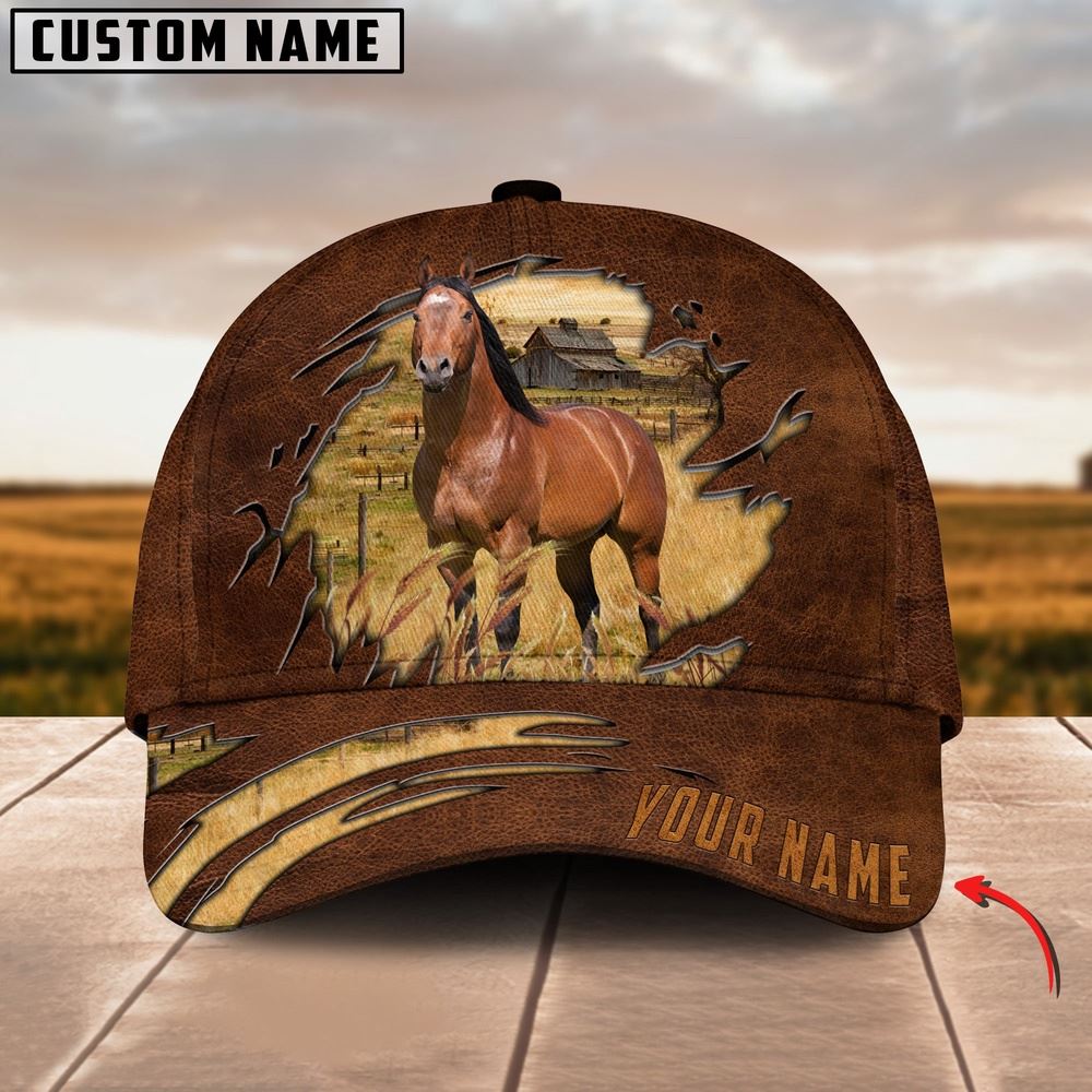 Adeenyc Horse Brown Leather Pattern Customized Name Cap, Farm Cap, Farmer Baseball Cap, Cow Cap, Cow Gift, Farm Animal Hat Trucker Hats Custom Hats Gifts For Men & Women