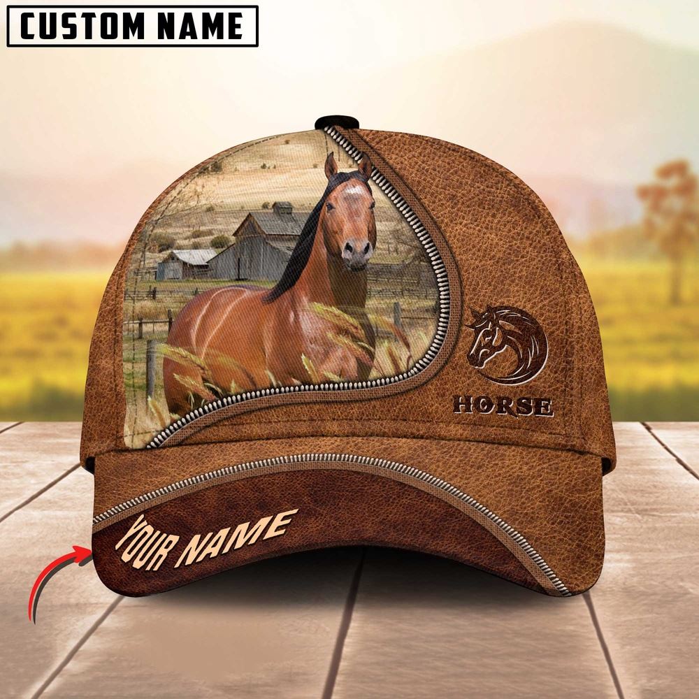 Adeenyc Horse Brown Leather Zip Pattern Customized Name Cap, Farm Cap, Farmer Baseball Cap, Cow Cap, Cow Gift, Farm Animal Hat Trucker Hats Custom Hats Gifts For Men & Women