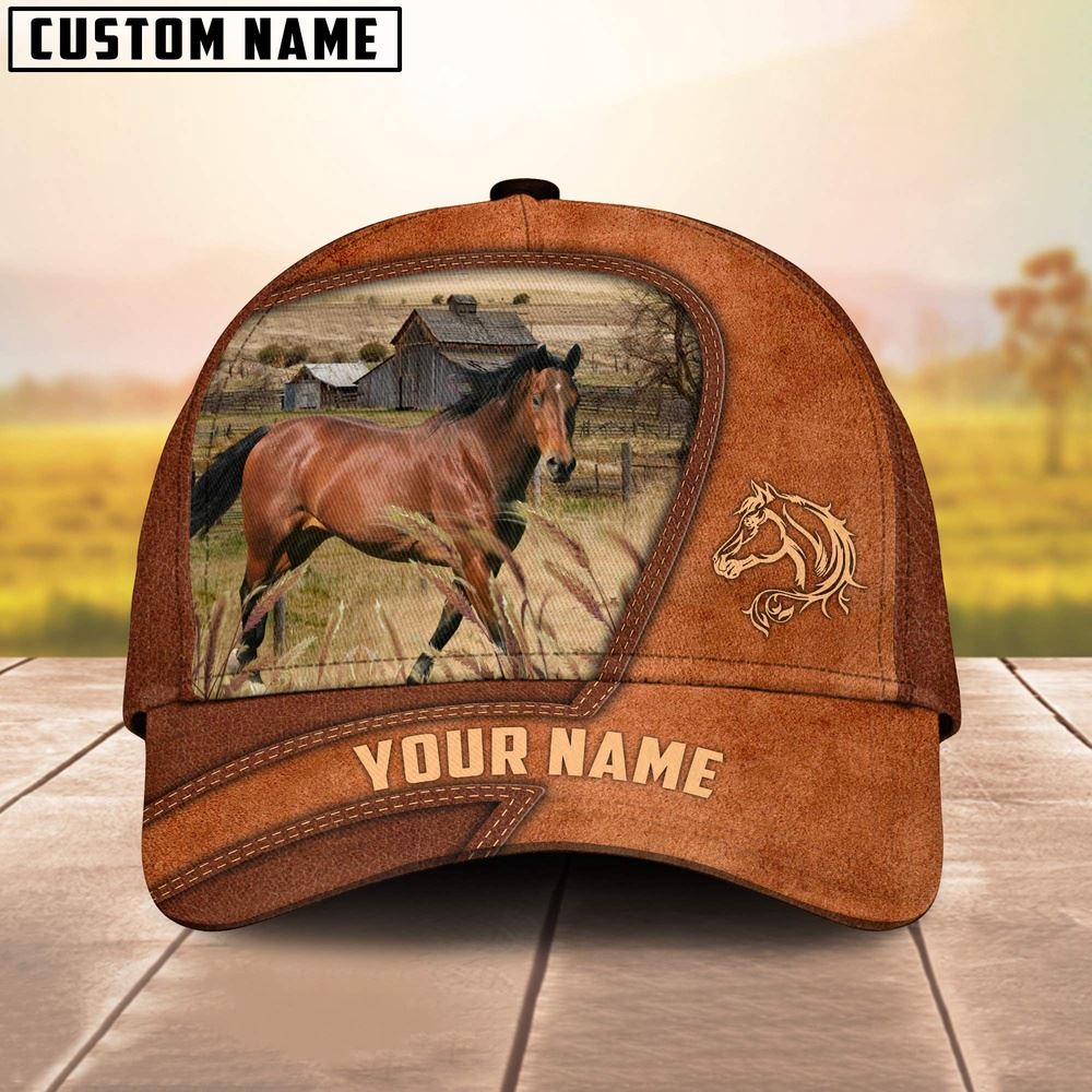 Adeenyc Horse Customized Name Brown Leather Pattern Cap, Farm Cap, Farmer Baseball Cap, Cow Cap, Cow Gift, Farm Animal Hat Trucker Hats Custom Hats Gifts For Men & Women