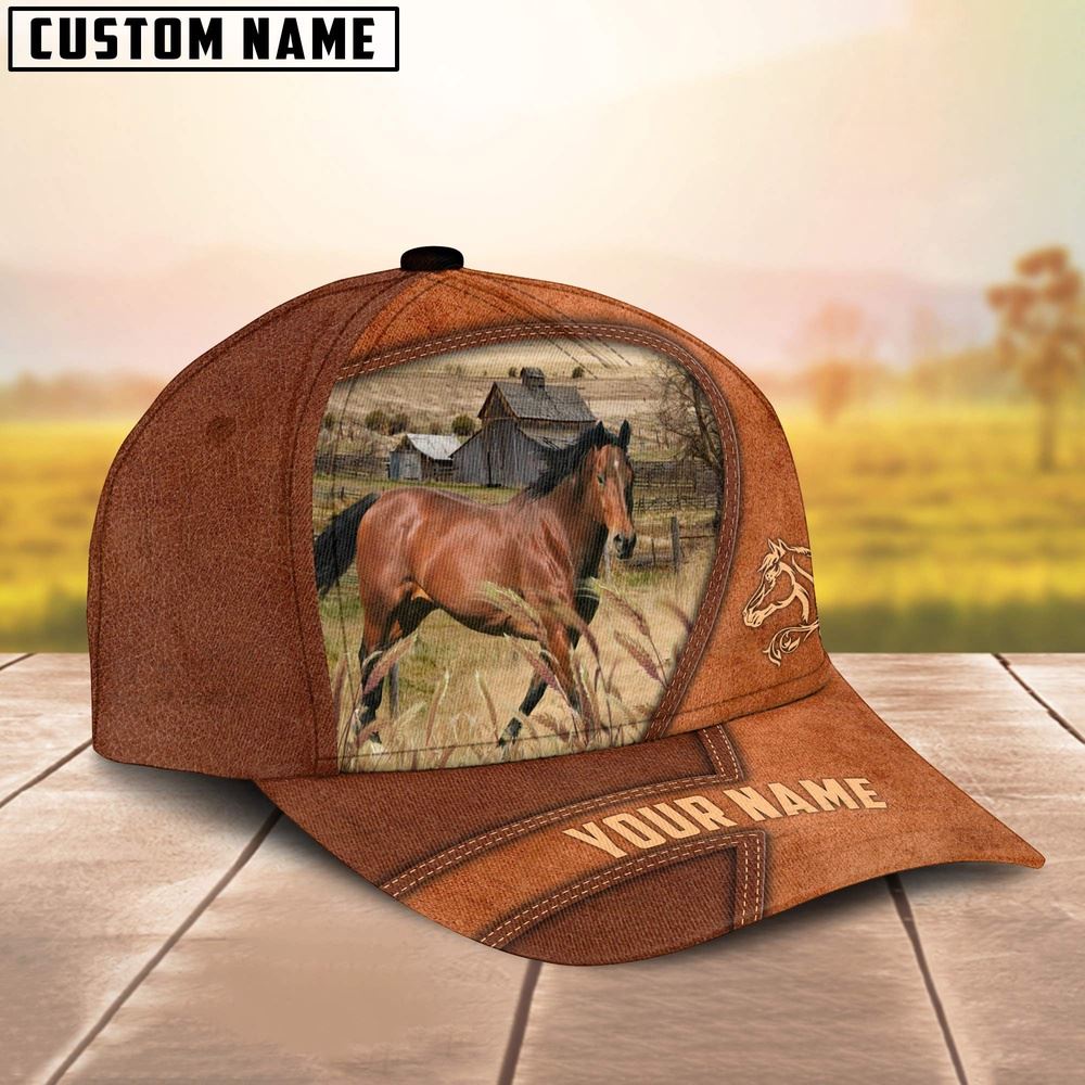 Adeenyc Horse Customized Name Brown Leather Pattern Cap, Farm Cap, Farmer Baseball Cap, Cow Cap, Cow Gift, Farm Animal Hat Trucker Hats Custom Hats Gifts For Men & Women
