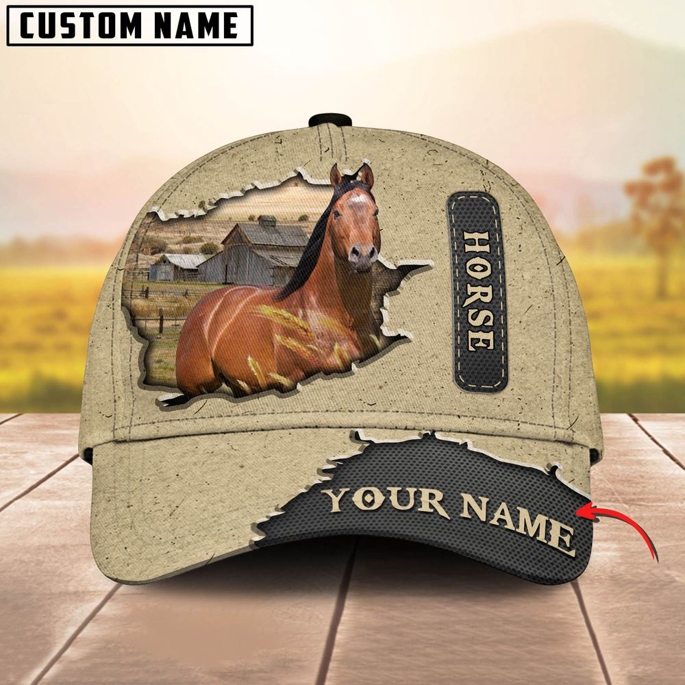 Adeenyc Horse Customized Name Khaki Leather Pattern Cap, Farm Cap, Farmer Baseball Cap, Cow Cap, Cow Gift, Farm Animal Hat Trucker Hats Custom Hats Gifts For Men & Women