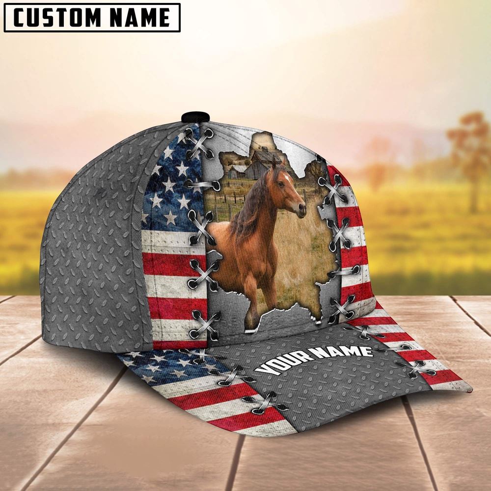 Adeenyc Horse Customized Name US Flag Cap, Farm Cap, Farmer Baseball Cap, Cow Cap, Cow Gift, Farm Animal Hat Trucker Hats Custom Hats Gifts For Men & Women