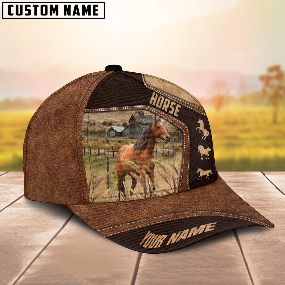 Adeenyc Horse On Farm Brown Leather Pattern Customized 3D Cap, Farm Cap, Farmer Baseball Cap, Cow Cap, Cow Gift, Farm Animal Hat Trucker Hats Custom Hats Gifts For Men & Women