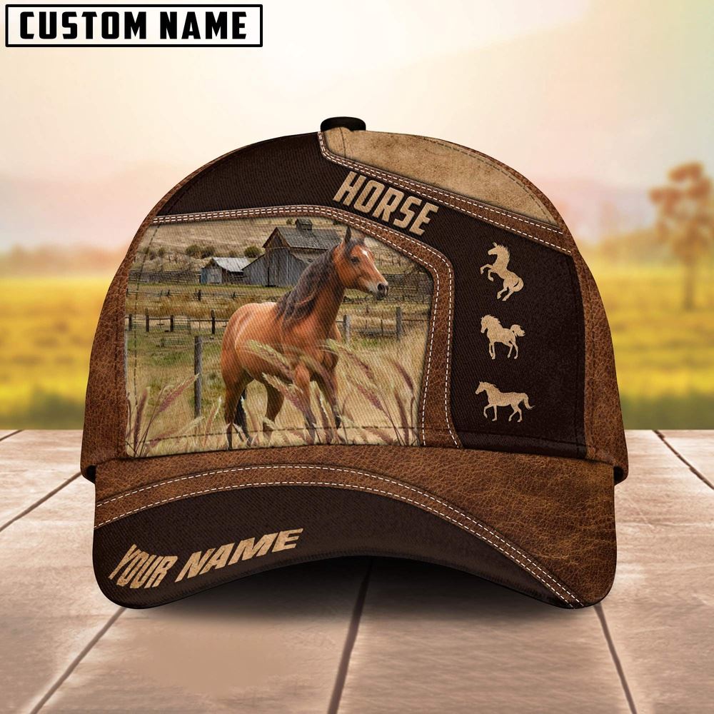 Adeenyc Horse On Farm Brown Leather Pattern Customized 3D Cap, Farm Cap, Farmer Baseball Cap, Cow Cap, Cow Gift, Farm Animal Hat Trucker Hats Custom Hats Gifts For Men & Women