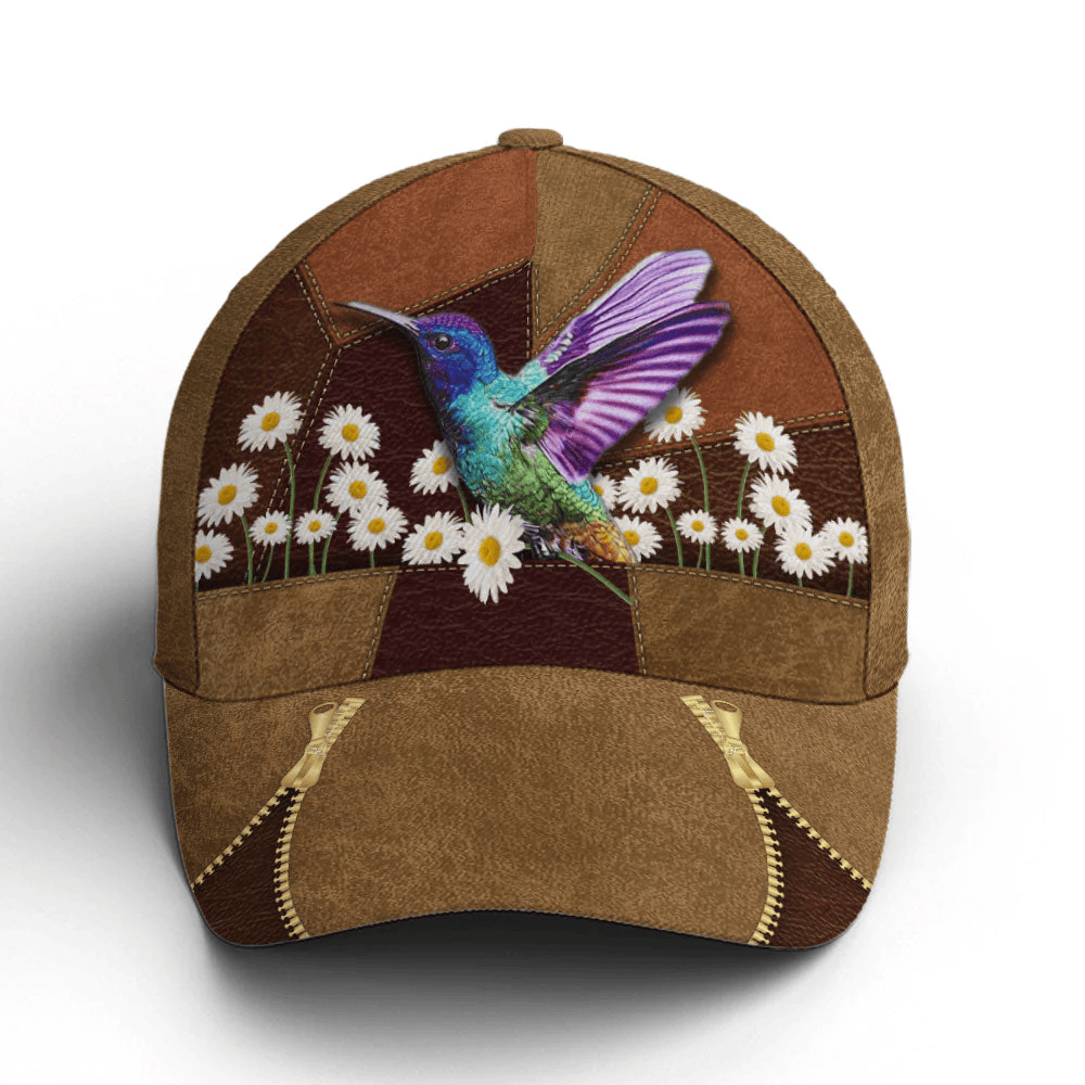 Adeenyc Hummingbird Daisy Flower Leather Style Baseball Cap Trucker Hats Custom Hats Gifts For Men & Women