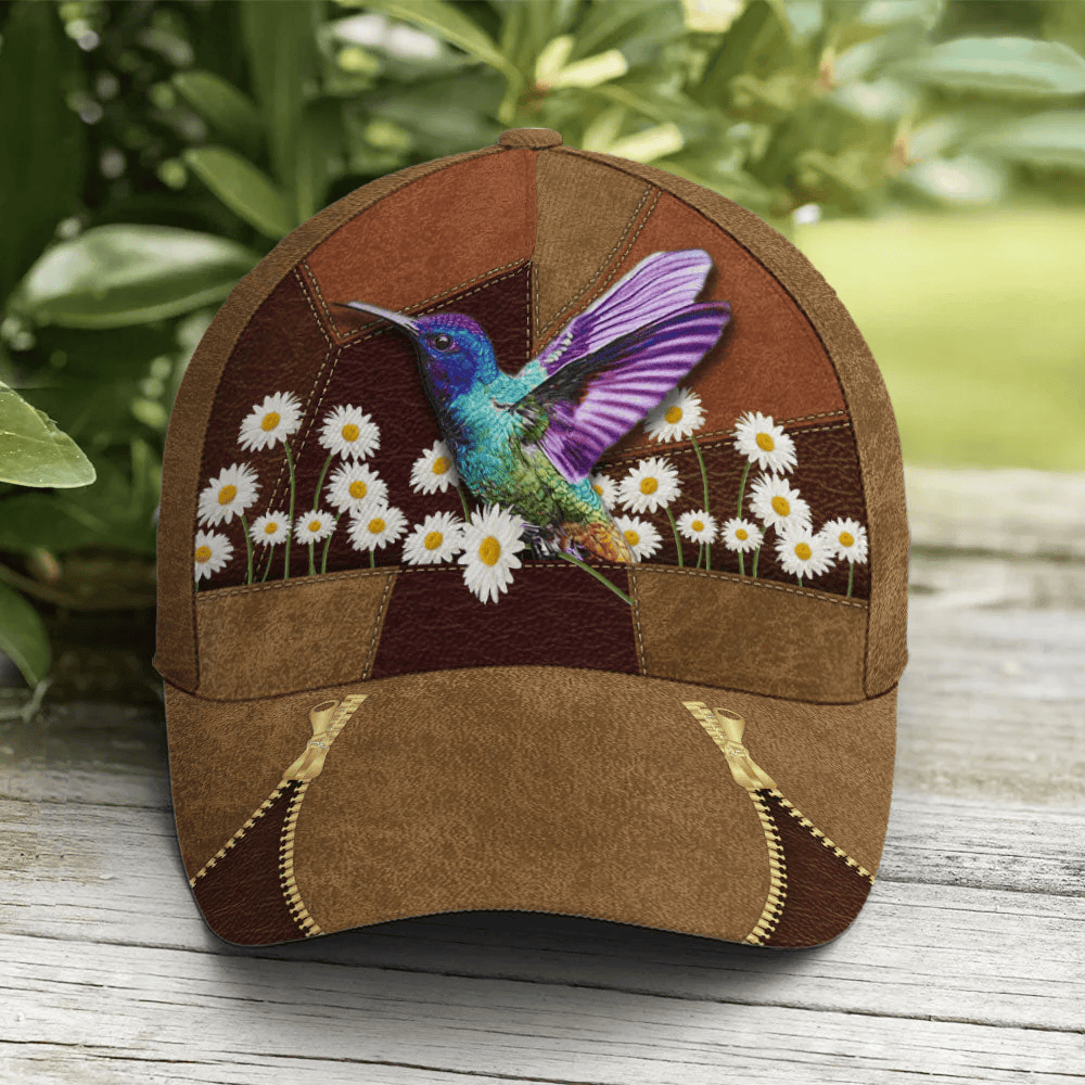 Adeenyc Hummingbird Daisy Flower Leather Style Baseball Cap Trucker Hats Custom Hats Gifts For Men & Women