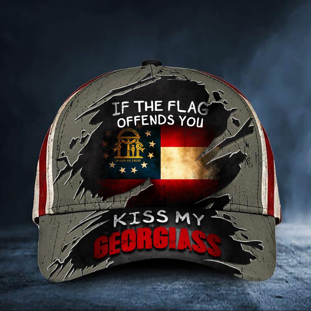 Adeenyc If The Flag Offends You Kiss My Georgiass Hat Vintage American Flag Cap Georgia State Merch Trucker Hats Custom Hats Gifts For Men & Women