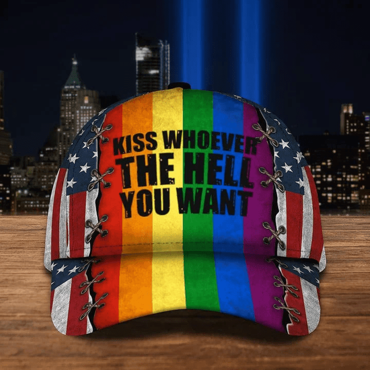 Adeenyc Kiss Whoever The Hell You Want LGBT Flag Hat American Flag Pride 3D Cap Trucker Hats Custom Hats Gifts For Men & Women