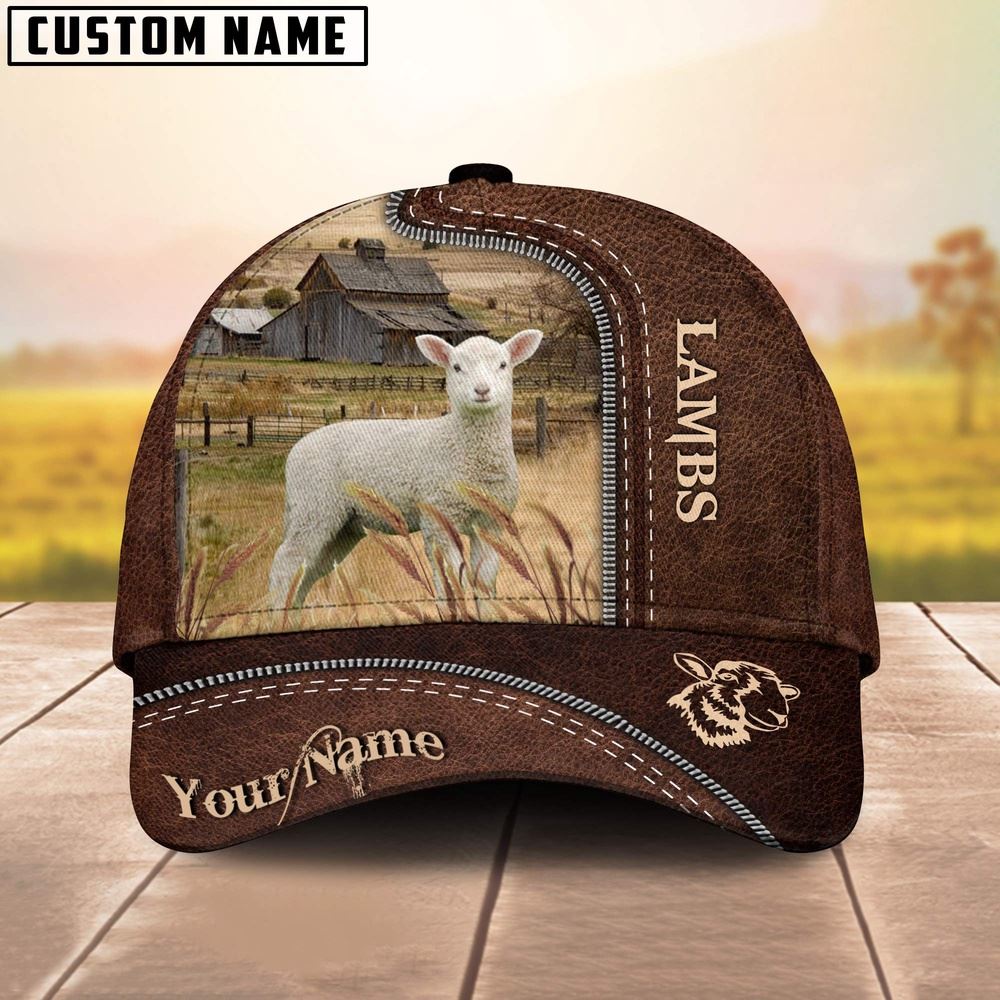 Adeenyc Lambs Customized Name Leather Pattern Cap, Farm Cap, Farmer Baseball Cap, Cow Cap, Cow Gift, Farm Animal Hat Trucker Hats Custom Hats Gifts For Men & Women