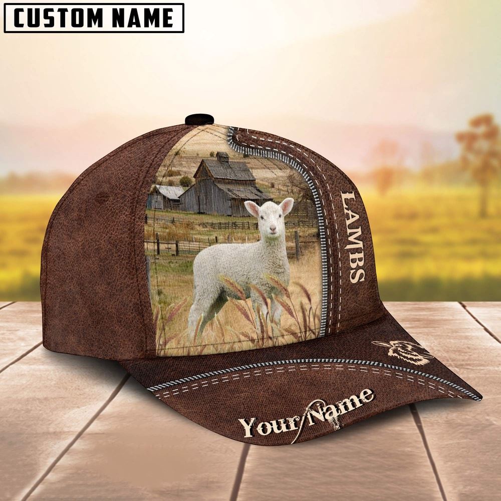 Adeenyc Lambs Customized Name Leather Pattern Cap, Farm Cap, Farmer Baseball Cap, Cow Cap, Cow Gift, Farm Animal Hat Trucker Hats Custom Hats Gifts For Men & Women