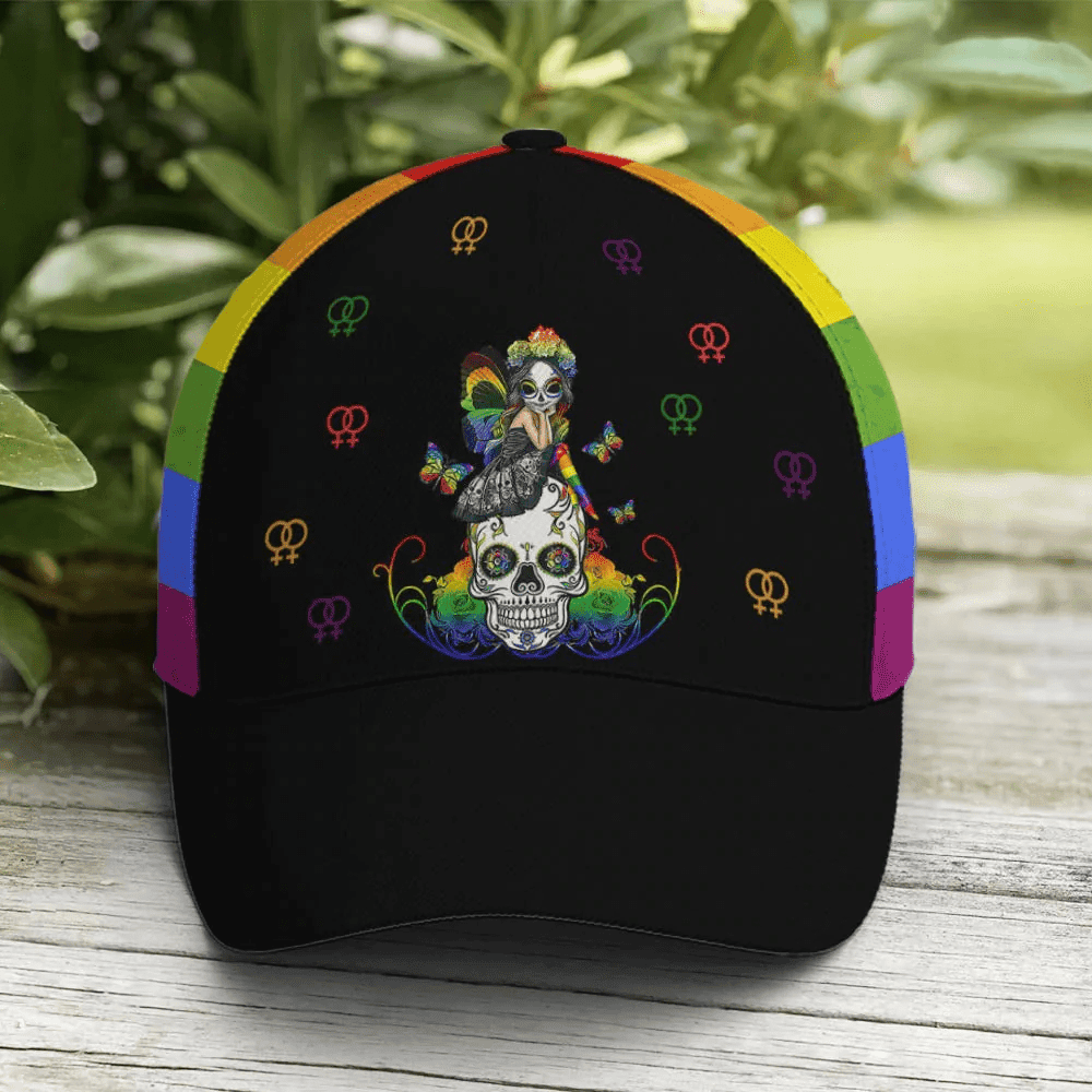 Adeenyc LGBTQ Girl And Sugar Skull Rainbow Baseball Cap, Pride Cap For Lesbian, Gaymer Trucker Hats Custom Hats Gifts For Men & Women