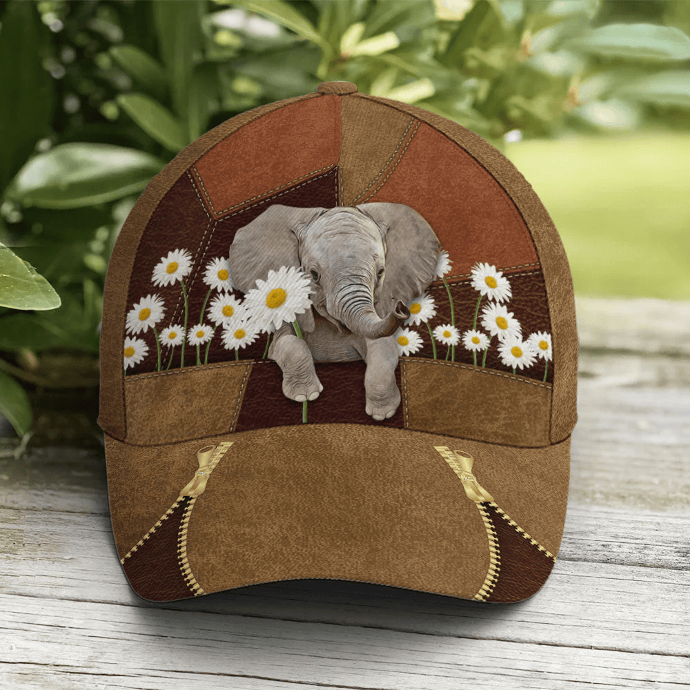 Adeenyc Lovely Elephant Daisy Flowers Leather Baseball Cap Trucker Hats Custom Hats Gifts For Men & Women