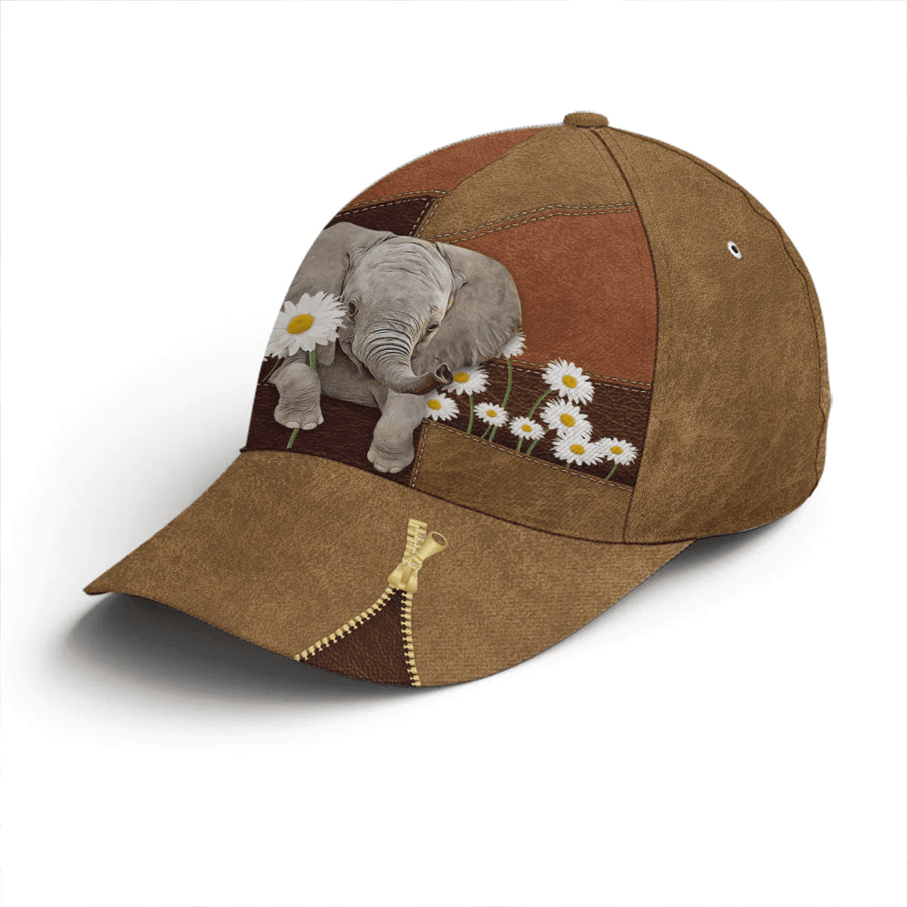 Adeenyc Lovely Elephant Daisy Flowers Leather Baseball Cap Trucker Hats Custom Hats Gifts For Men & Women