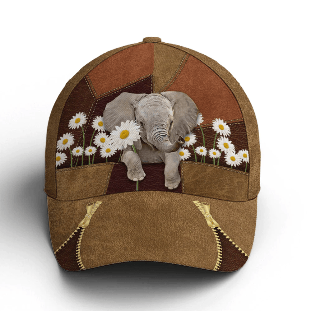 Adeenyc Lovely Elephant Daisy Flowers Leather Baseball Cap Trucker Hats Custom Hats Gifts For Men & Women