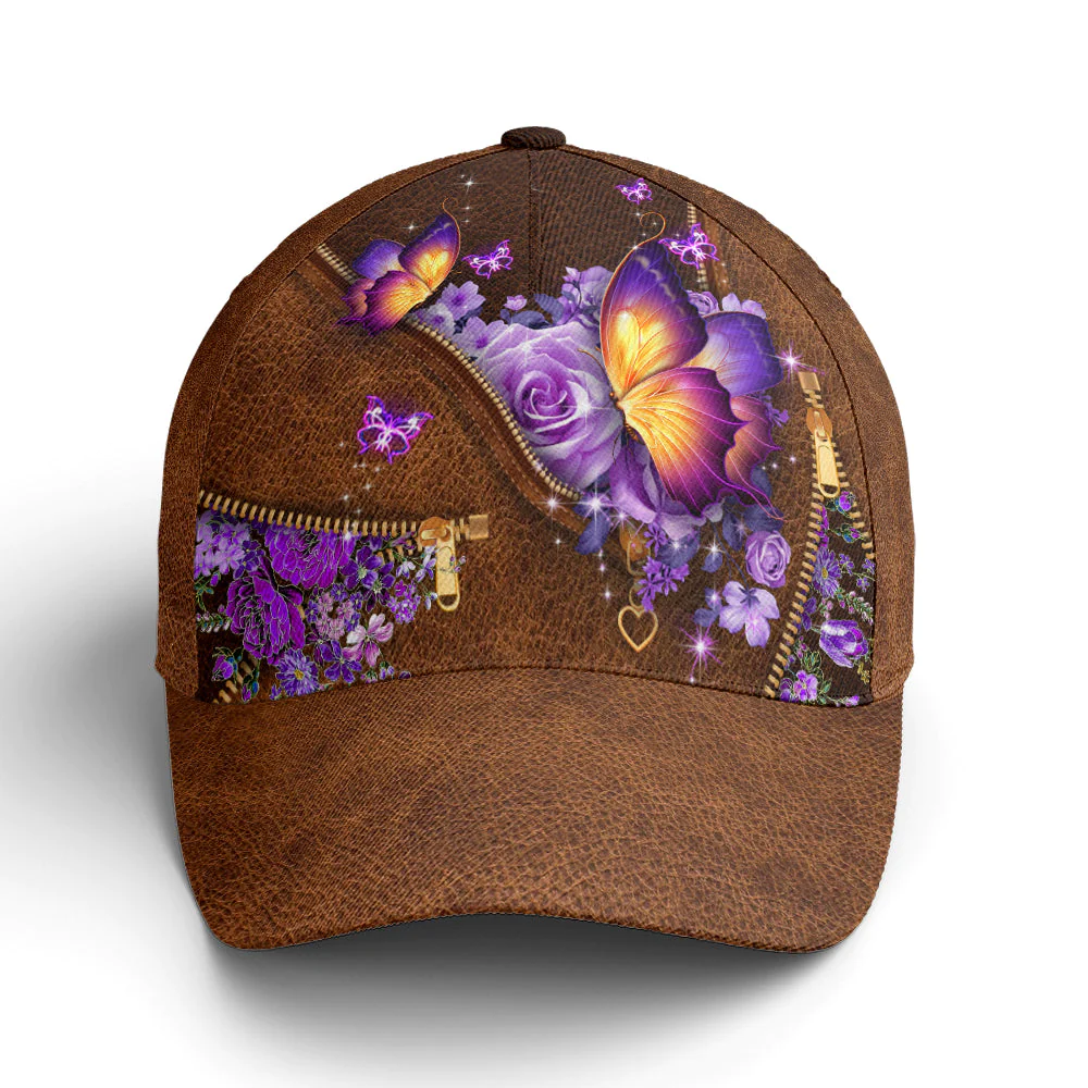 Adeenyc Magical Butterfly Purple Roses Leather Style Baseball Cap Trucker Hats Custom Hats Gifts For Men & Women