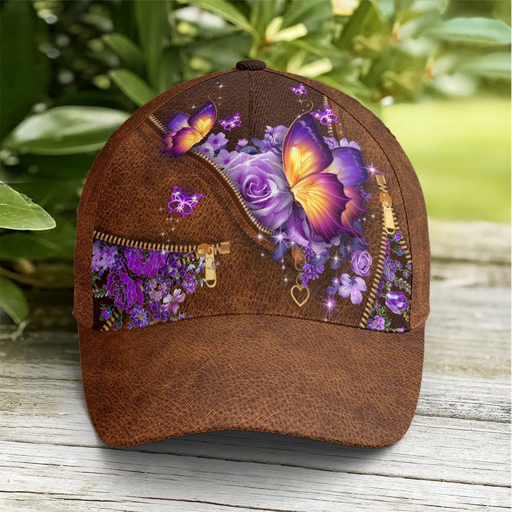 Adeenyc Magical Butterfly Purple Roses Leather Style Baseball Cap Trucker Hats Custom Hats Gifts For Men & Women