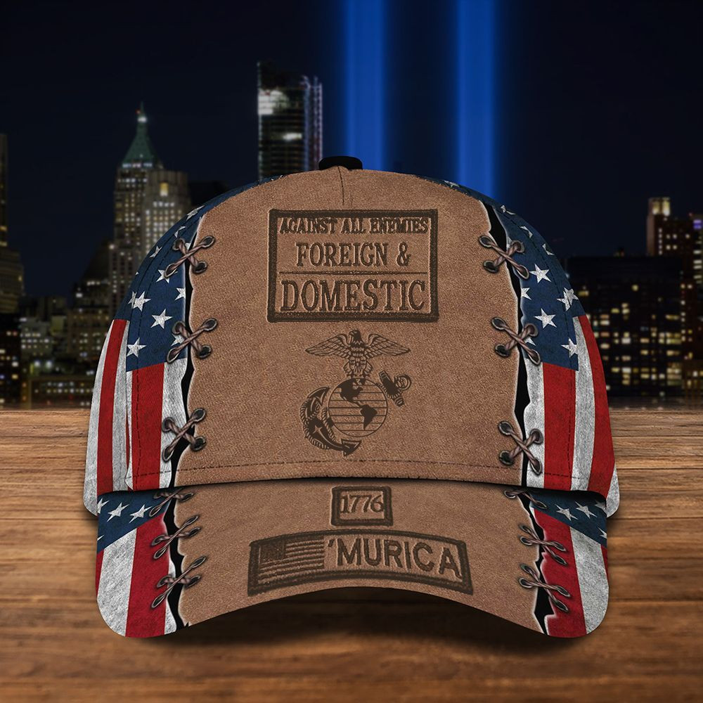 Adeenyc Marine Corps 1776 'Murica Hat Against All Enemies Foreign And Domestic USA Flag Cap Gift Trucker Hats Custom Hats Gifts For Men & Women