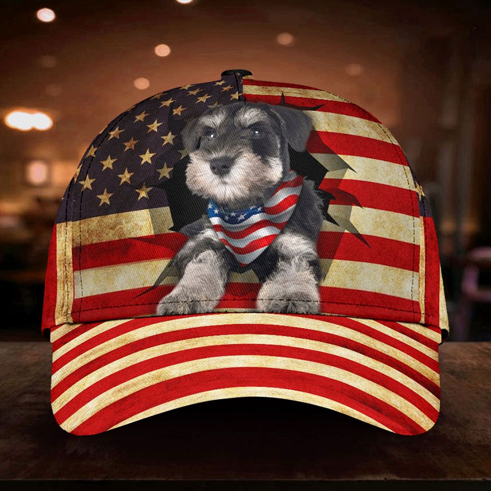 Adeenyc Miniature Schnauzer American Flag 3D Hat Vintage Retro Dog Patriotic Independence Day Trucker Hats Custom Hats Gifts For Men & Women