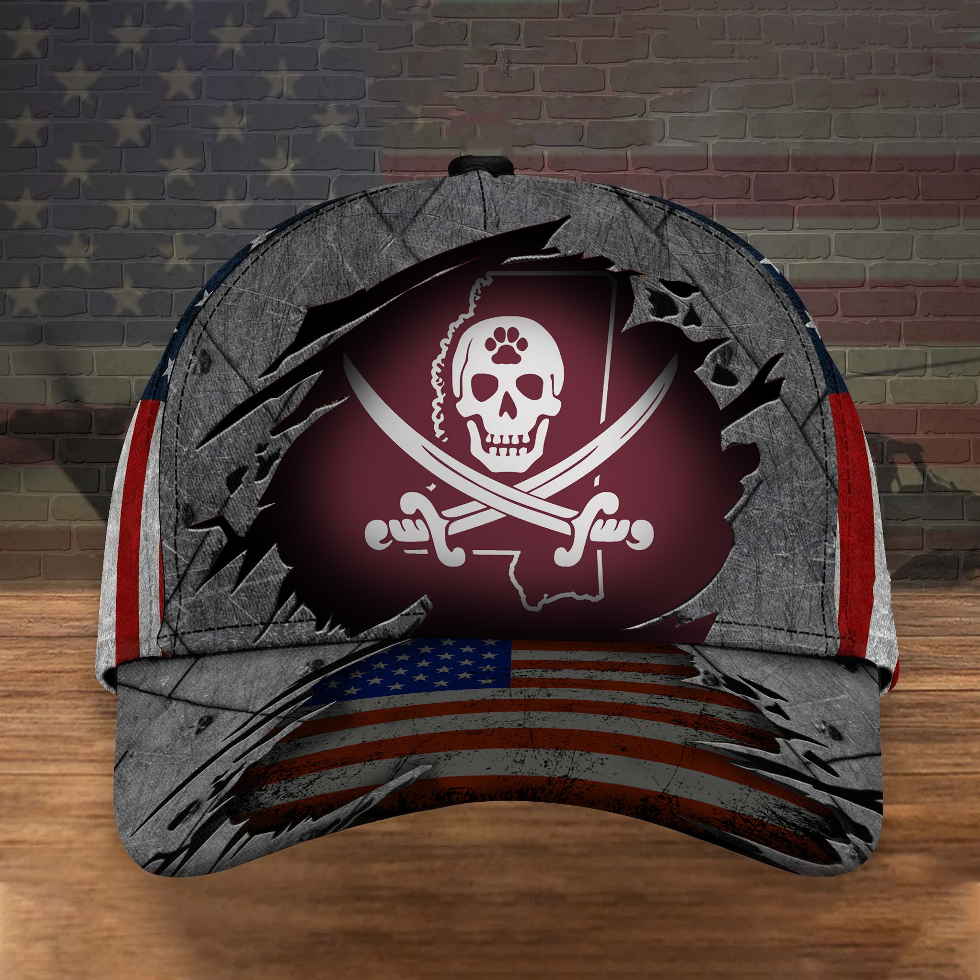 Adeenyc Mississippi State Pirate Flag Hat American Flag Mike Leach Pirate Merch Trucker Hats Custom Hats Gifts For Men & Women