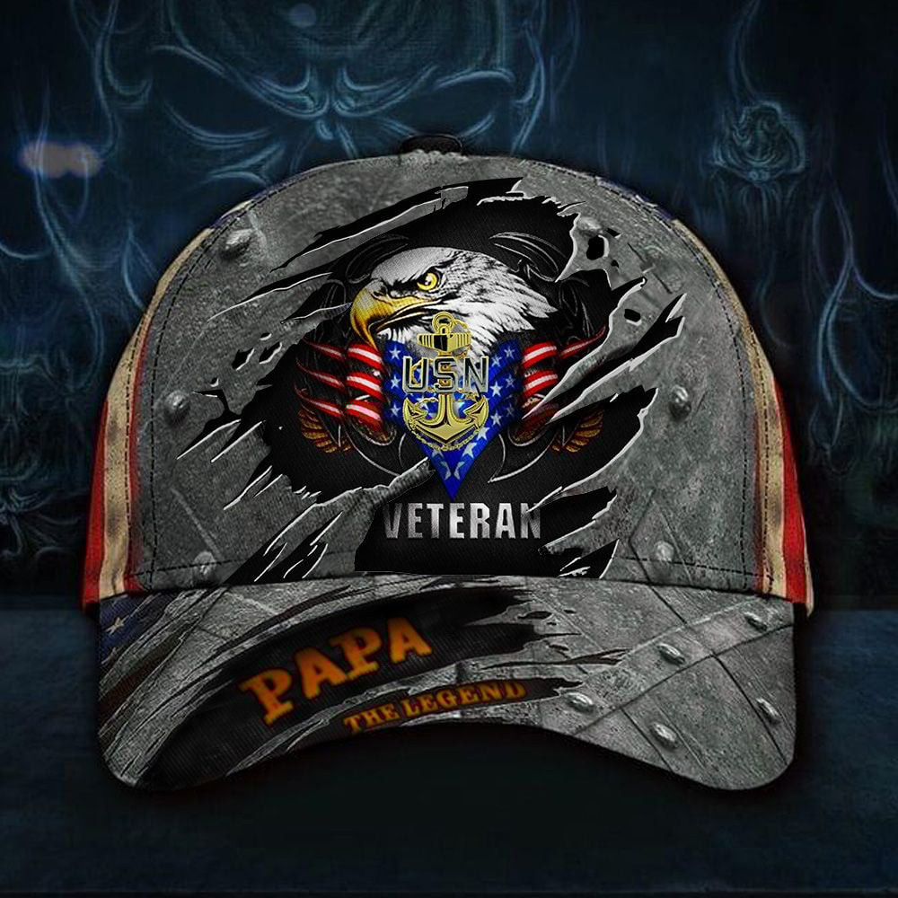 Adeenyc Navy Veteran Papa Legend 3D Hat USA Flag Classic Cap Vintage USN Father's Day Gift For Grandpa Trucker Hats Custom Hats Gifts For Men & Women