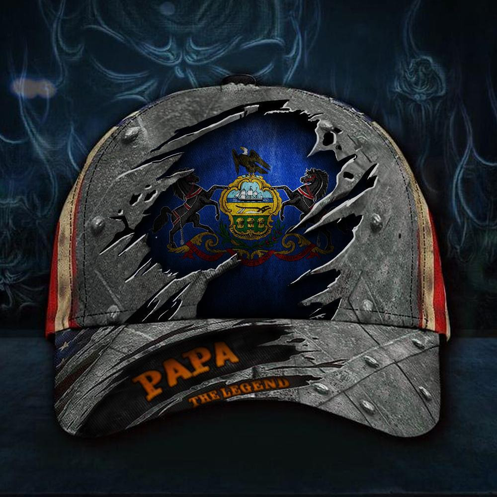 Adeenyc Pennsylvania Papa The Legend 3D Hat Vintage USA Flag Cap Step Dad Gift For Fathers Day Classic Cap Trucker Hats Custom Hats Gifts For Men & Women