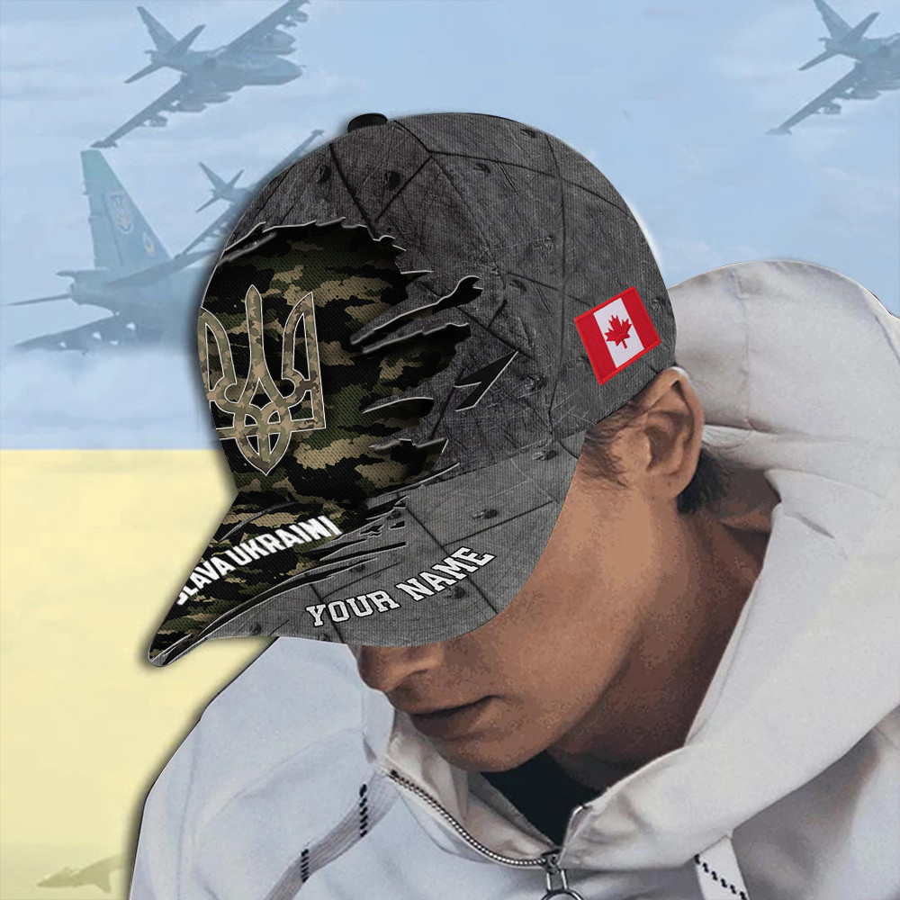 Adeenyc Personalized Canada Slava Ukraini Camo Hat Canadian Stands With Ukraine Merch Trucker Hats Custom Hats Gifts For Men & Women