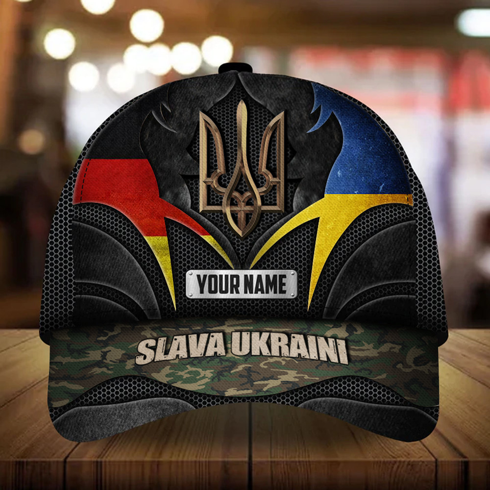 Adeenyc Personalized German Stands With Ukraine Hat Slava Ukraini Camo Merch Trucker Hats Custom Hats Gifts For Men & Women