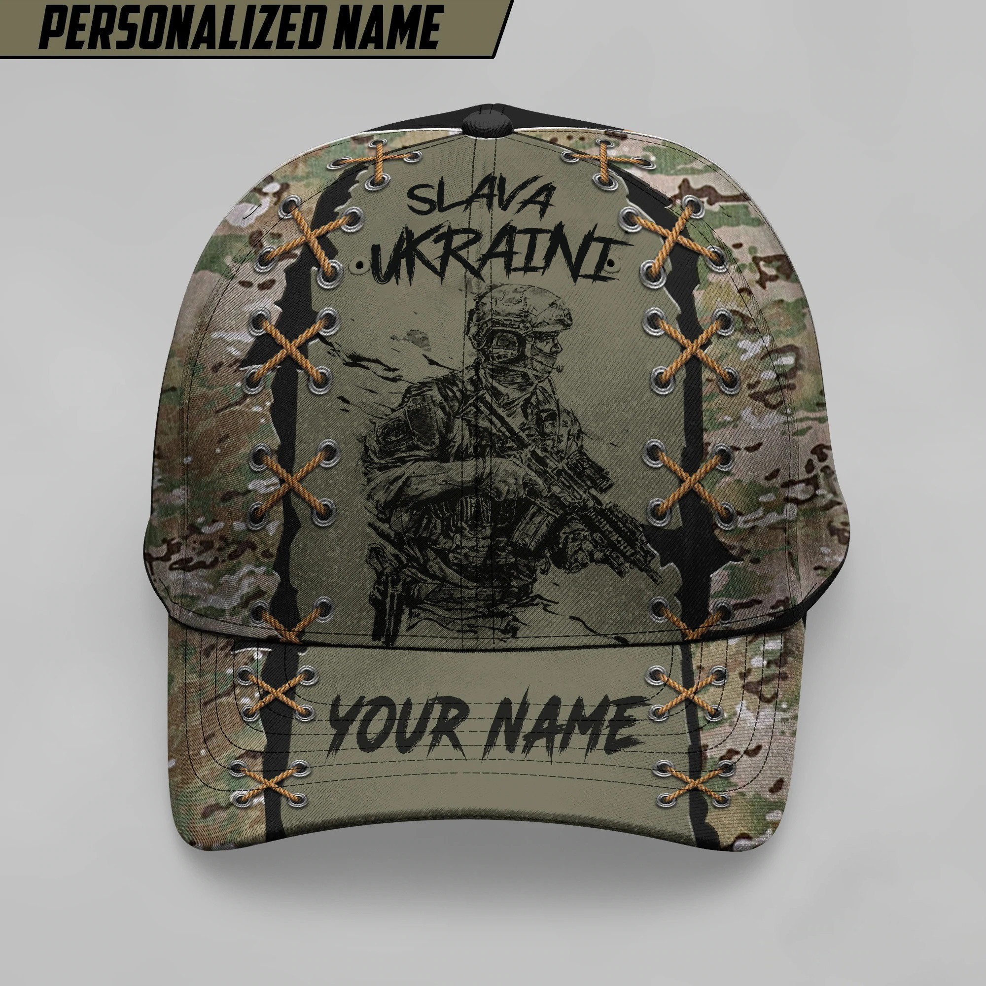Adeenyc Personalized Name Slava Ukraini Soldier Camo Hat Support Ukraine Merch Trucker Hats Custom Hats Gifts For Men & Women