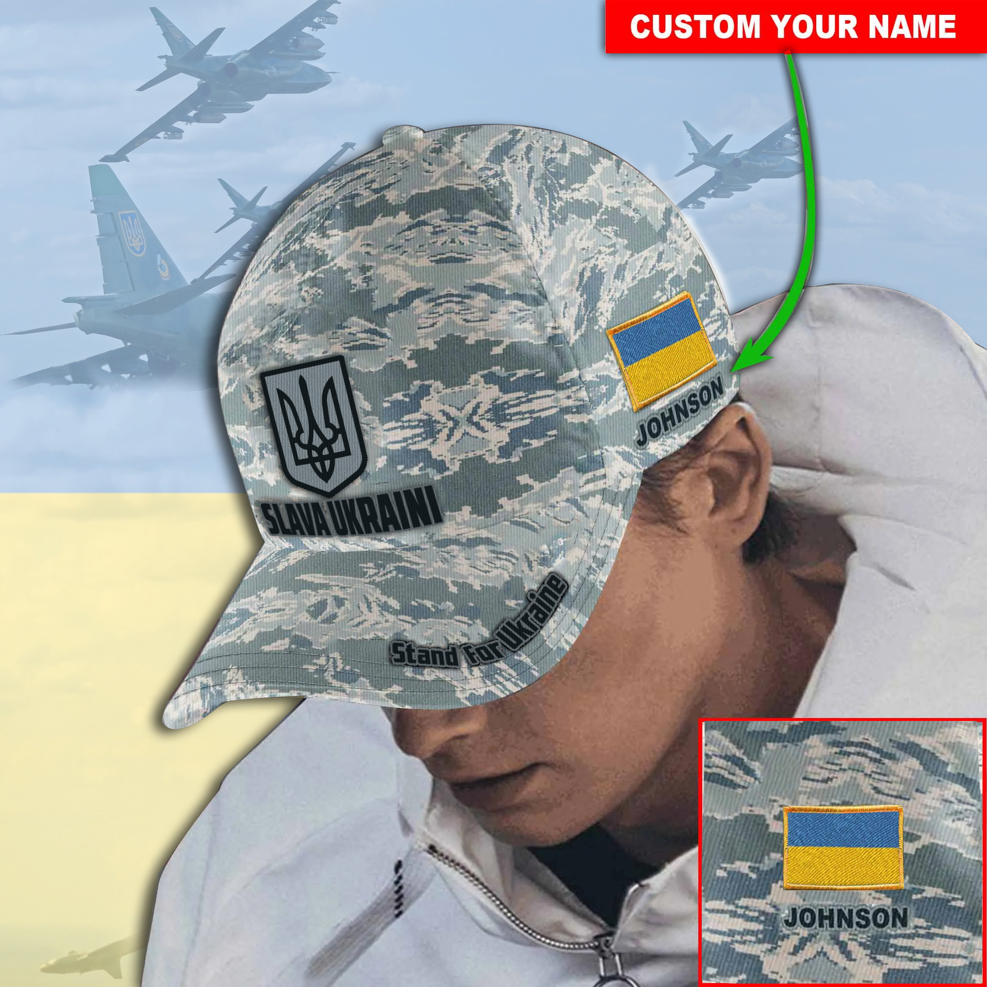 Adeenyc Personalized Slava Ukraini Stand For Ukraine Camo Hat Support Ukraine Merchandise Cap Trucker Hats Custom Hats Gifts For Men & Women
