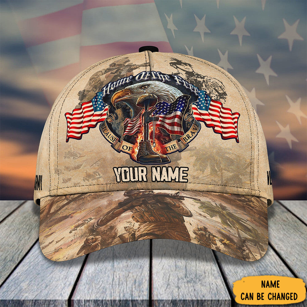 Adeenyc Personalized Veteran Hat Home Of Free Because Of The Brave Eagle American Flag Cap Trucker Hats Custom Hats Gifts For Men & Women