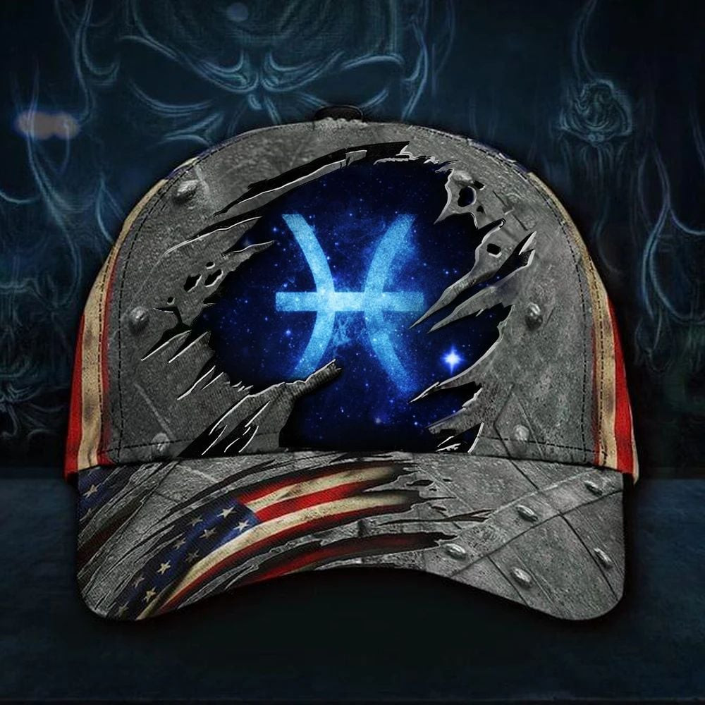 Adeenyc Pisces zodiac Hat 3D Print Vintage American Flag Classic Cap Gift For Pisces Man Woman Trucker Hats Custom Hats Gifts For Men & Women