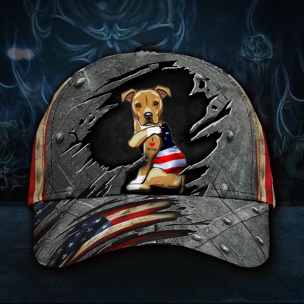 Adeenyc Pitbull Dog And American Flag Cap I Love Mom Hat Birthday Gifts For Mommy Trucker Hats Custom Hats Gifts For Men & Women