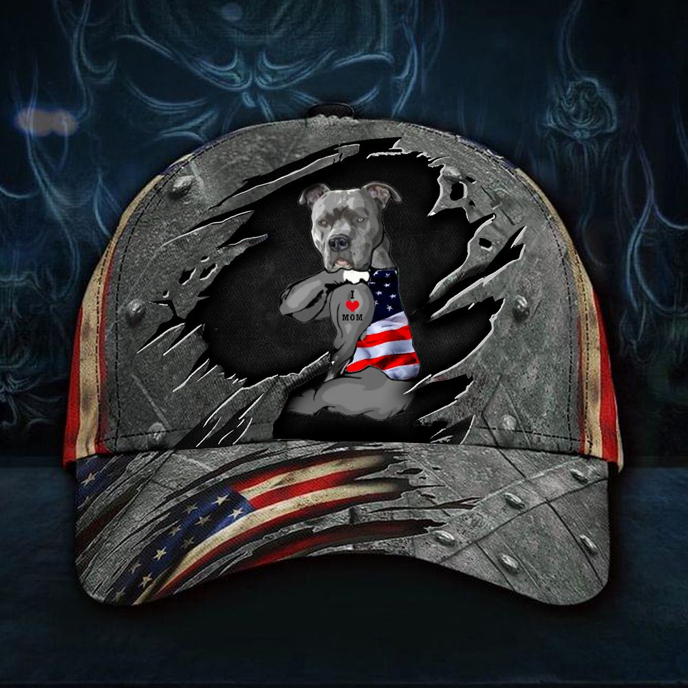 Adeenyc Pitbull I Love Mom Hat American Flag Cap Gifts For New Moms Trucker Hats Custom Hats Gifts For Men & Women