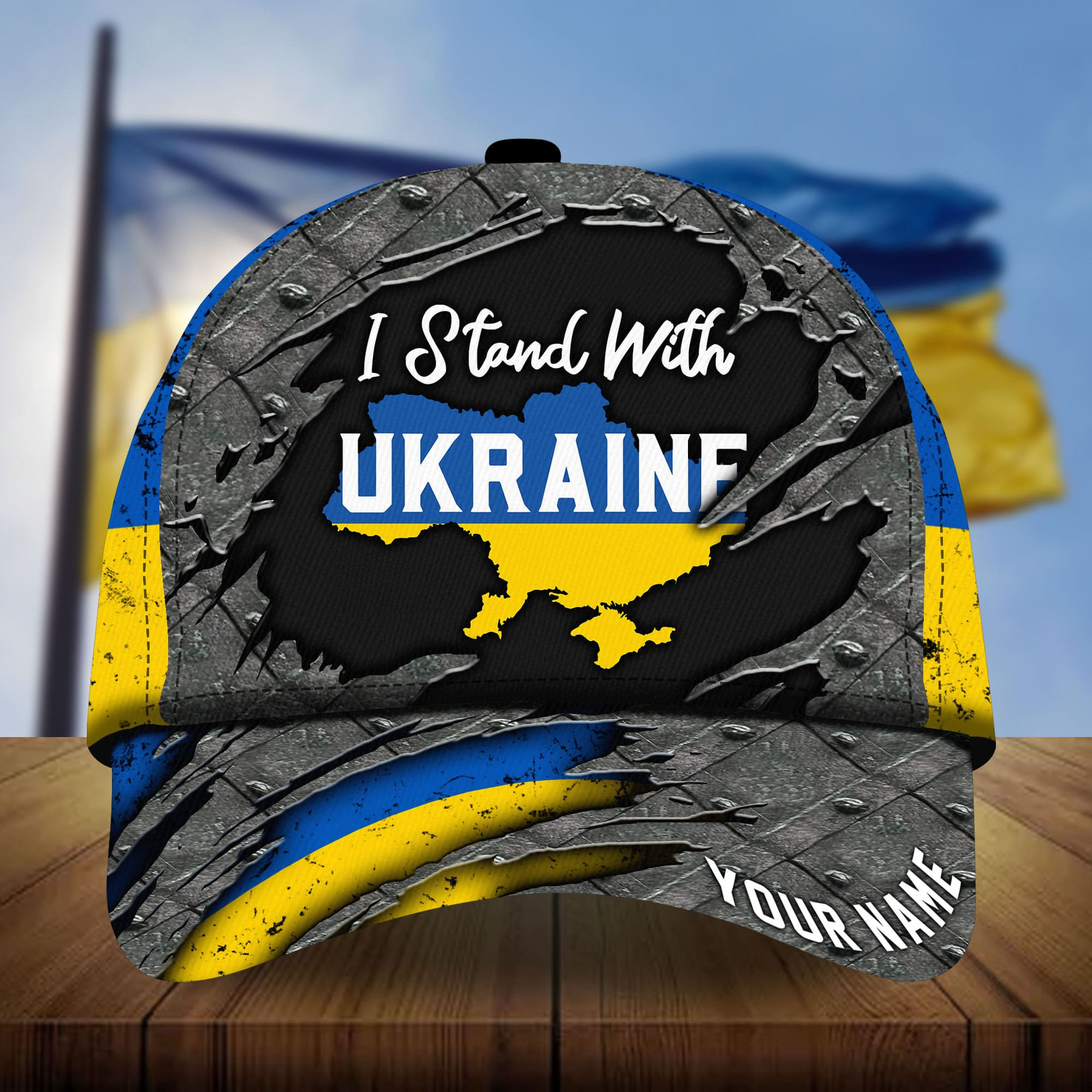 Adeenyc – Premium Metal American Support Ukraine 3D Hats Personalized Name Custom Name Trucker Hats Custom Hats Gifts For Men & Women